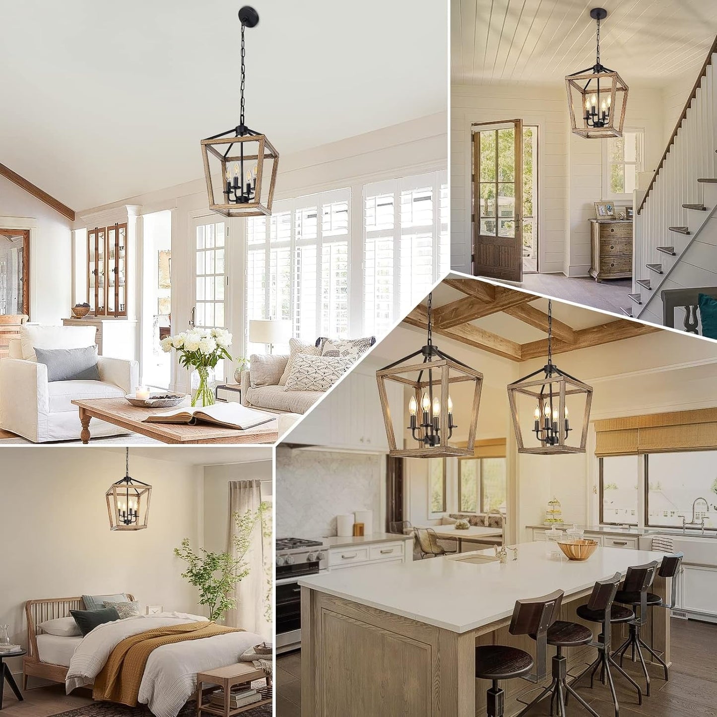 4-Light Farmhouse Chandelier Rustic Wood Cage Light