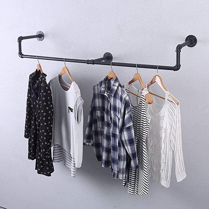 (39in - Black) Industrial Pipe Clothing Rack, Wall Mounted Clothes