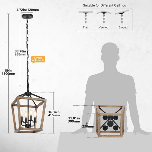 4-Light Farmhouse Chandelier Rustic Wood Cage Light
