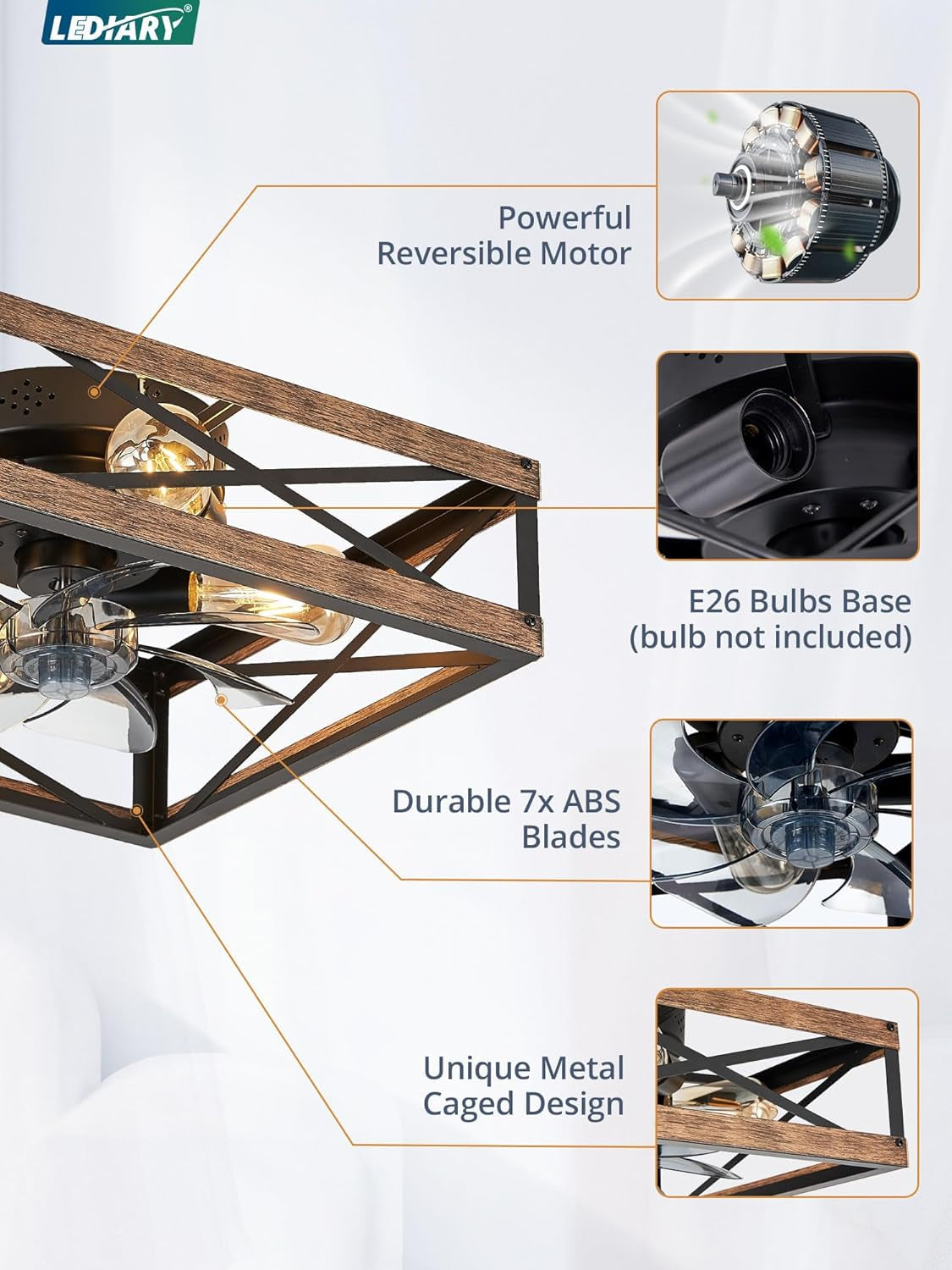 Low Profile Caged Wood Grain Ceiling Fan With Light Remote
