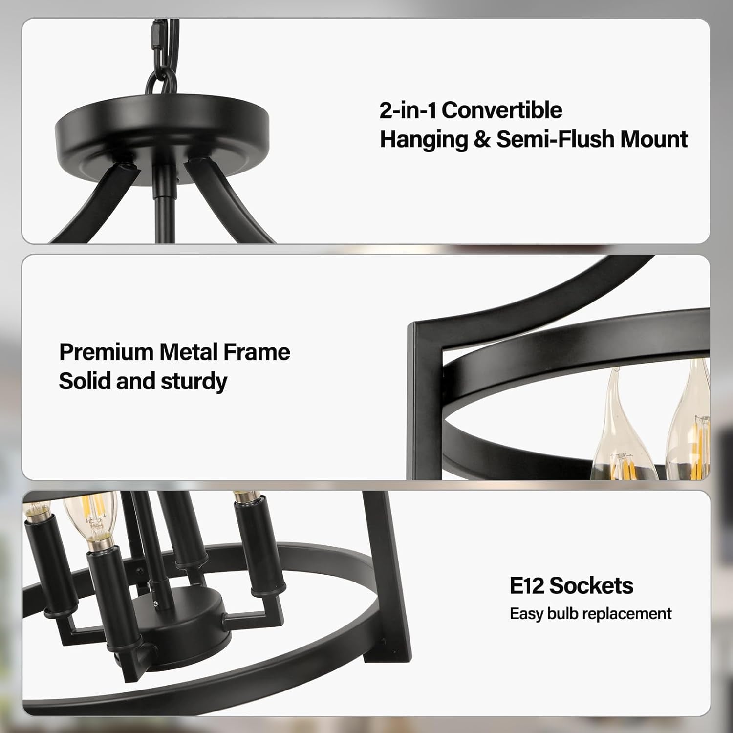 4-Light Farmhouse Chandelier Black Metal Pendant Fixture