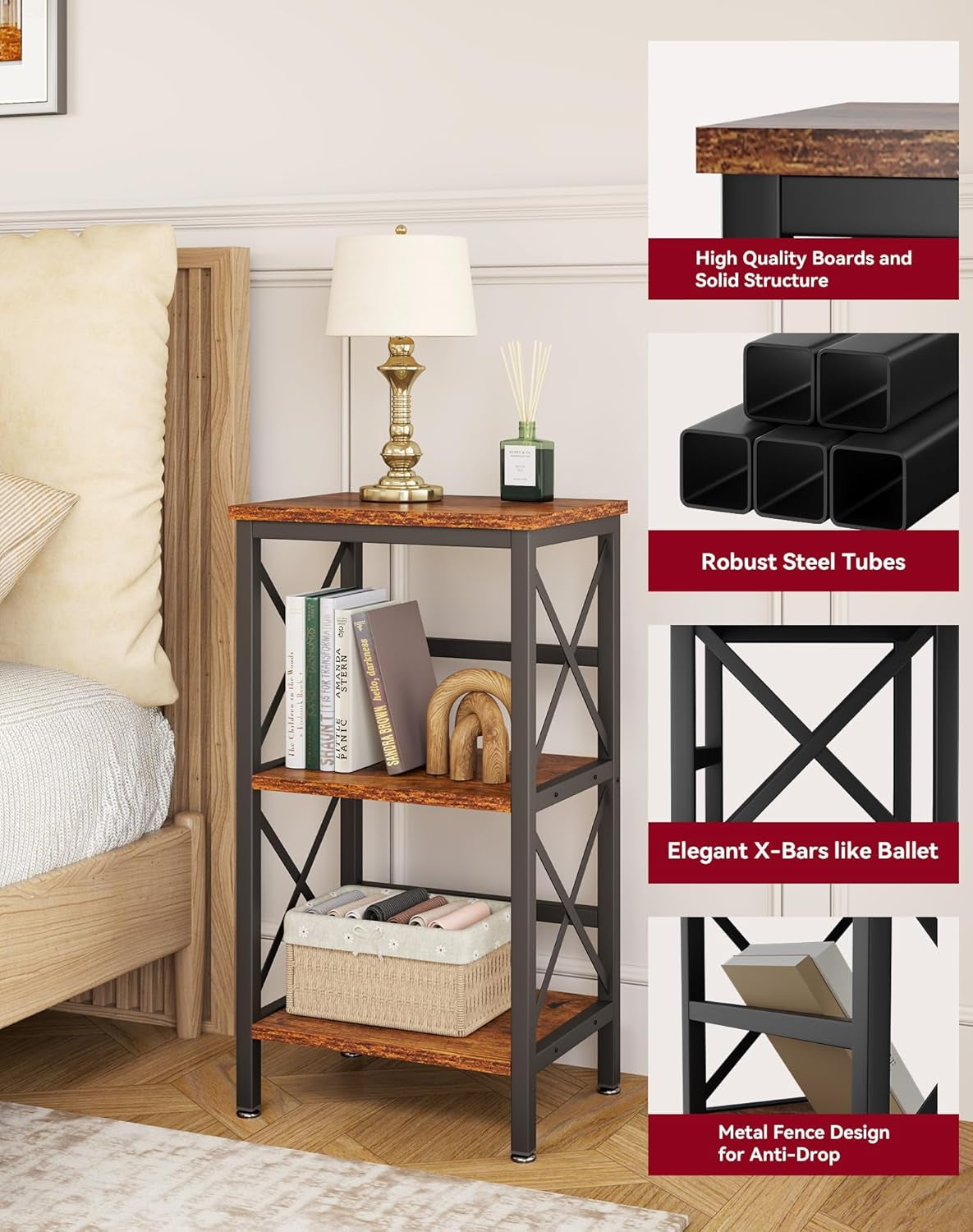 3 Tiers Bookcase, Industrial Metal Bookshelf with Side Fence, Storage