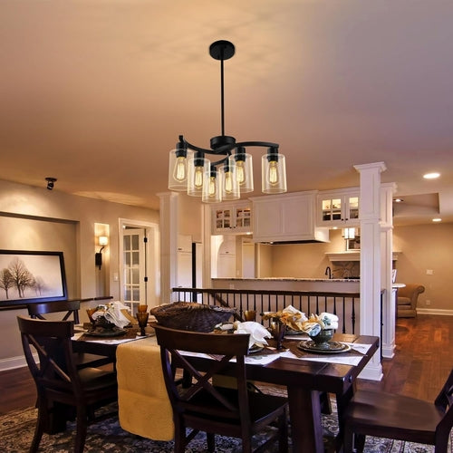 Six Light Black Farmhouse Chandelier With Adjustable Height