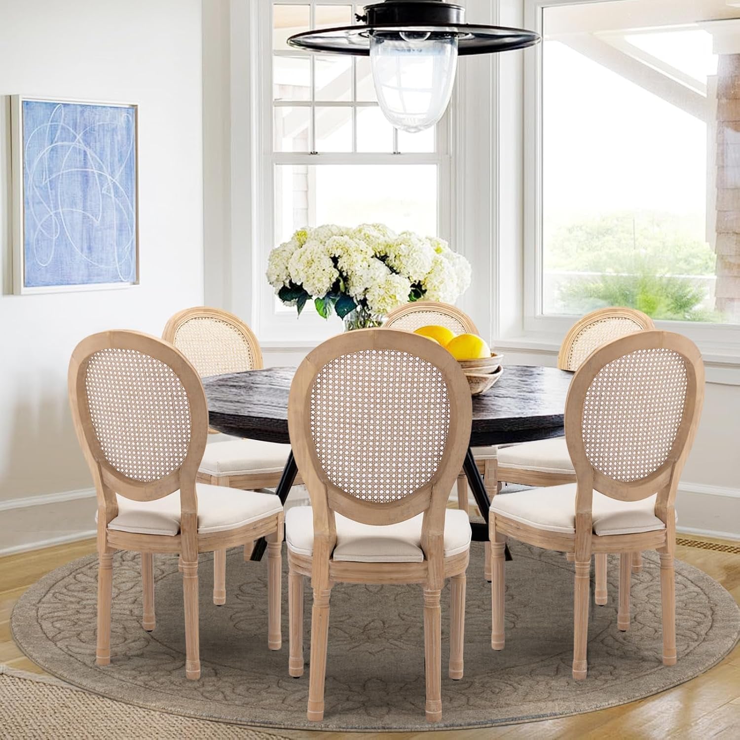 Oval Back Rattan Upholstered Dining Chairs Set Of 6 Beige With Wood