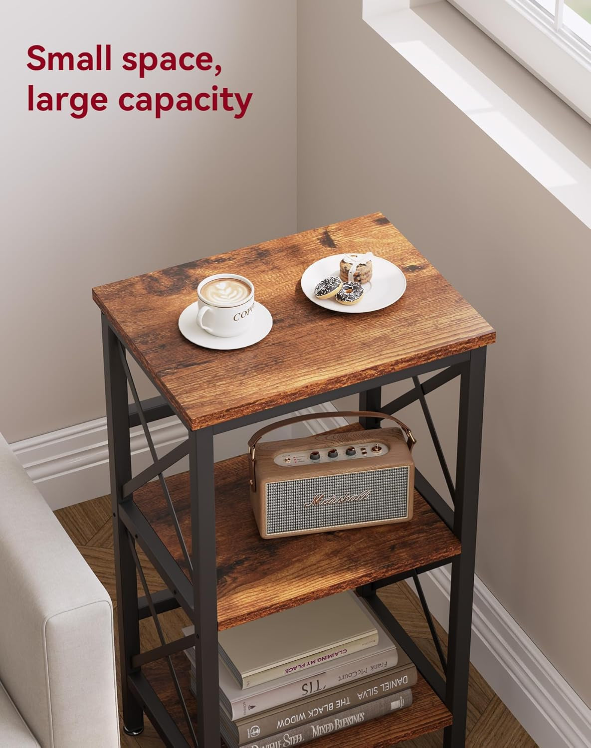 3 Tiers Bookcase, Industrial Metal Bookshelf with Side Fence, Storage