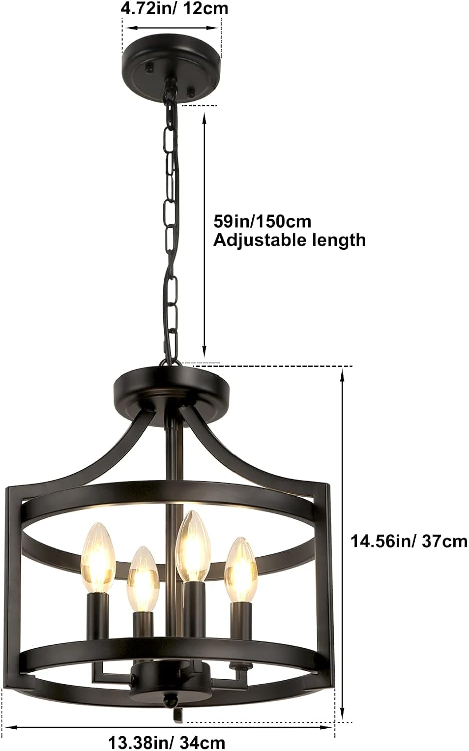 4-Light Farmhouse Chandelier Black Metal Pendant Fixture