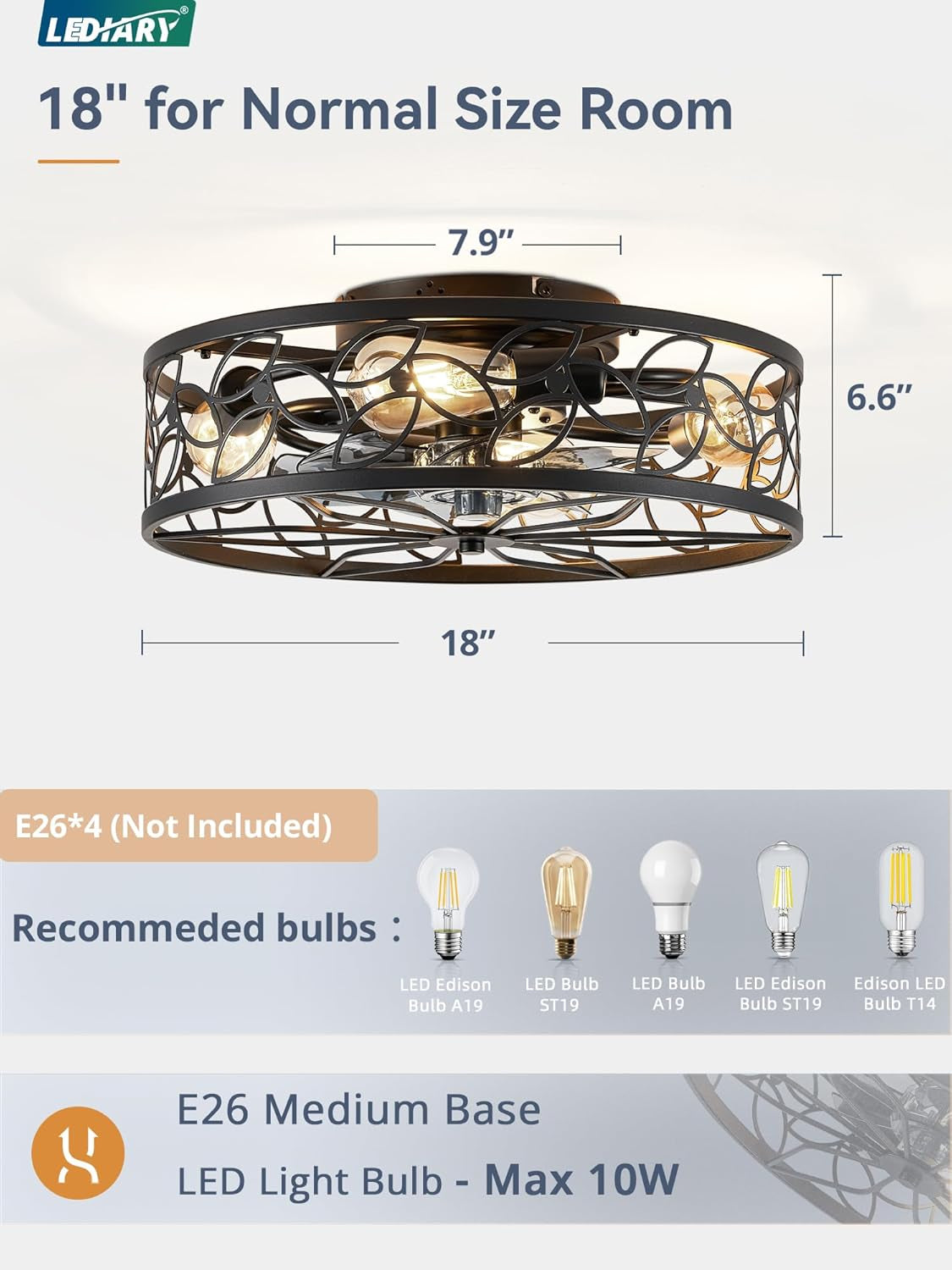 Black Caged Ceiling Fan With Lights Low Profile Flush Mount Remote