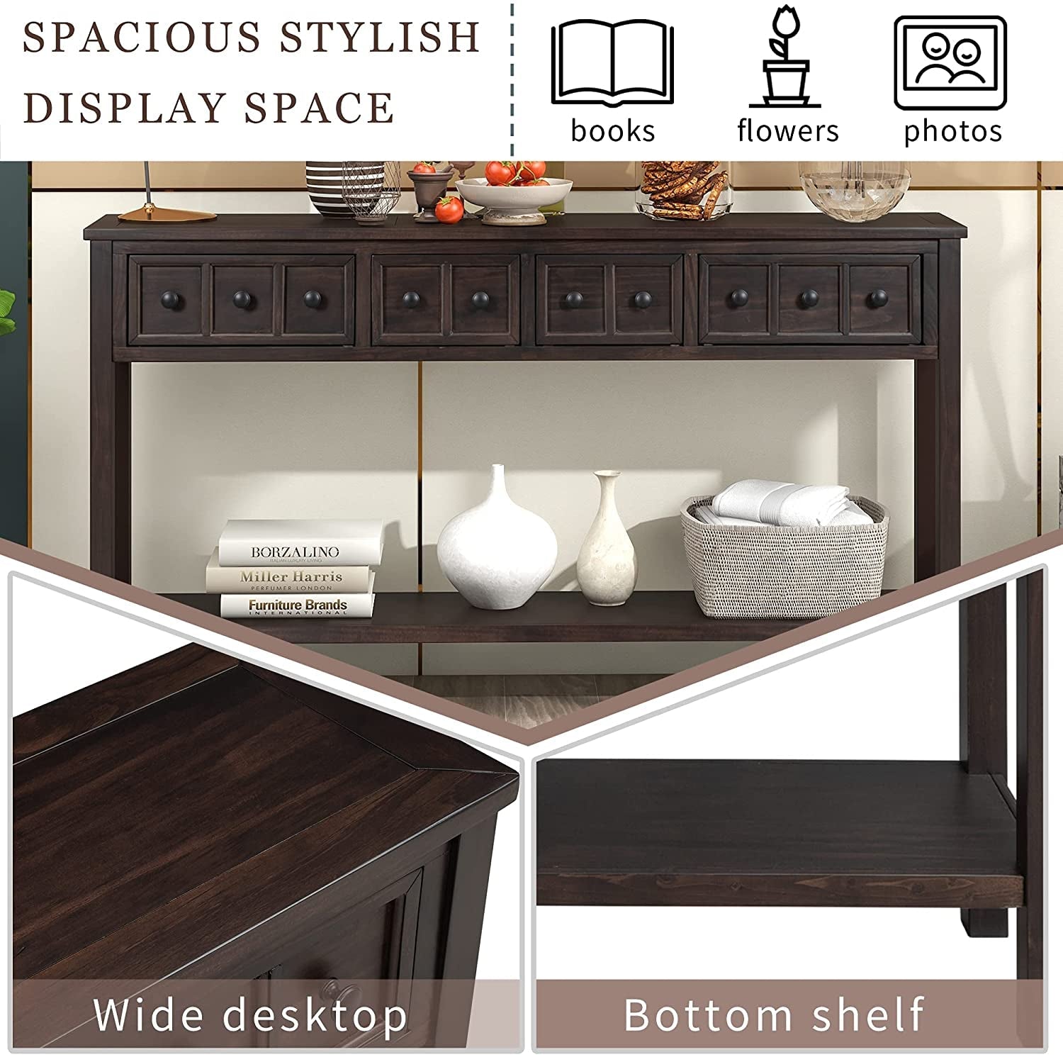 Rustic 60 Inch Console Table With Drawers And Shelf