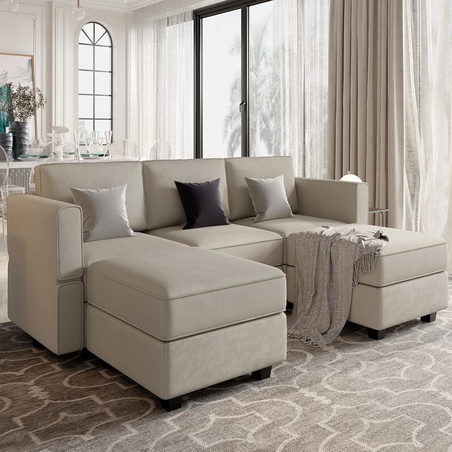 Grey Velvet Modular U Shaped Sectional Sofa Living Room