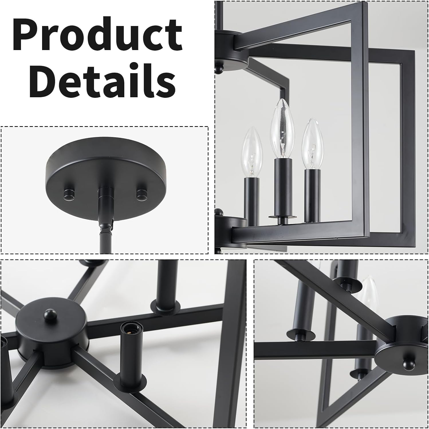 Black Metal Chandelier For Dining Room 6 Light Modern