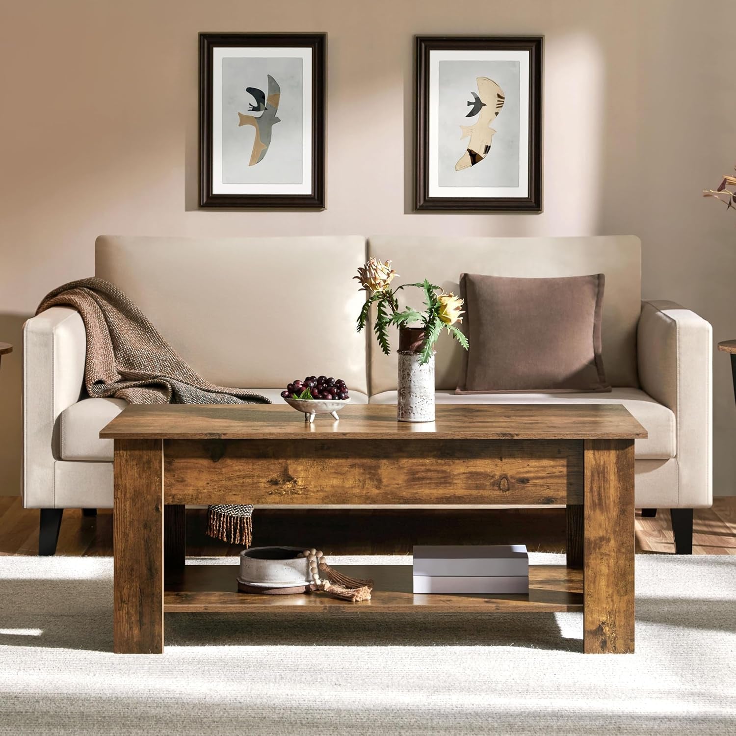 Coffee Table 47.5 Inch Lift Top With Hidden Compartment Rustic Brown