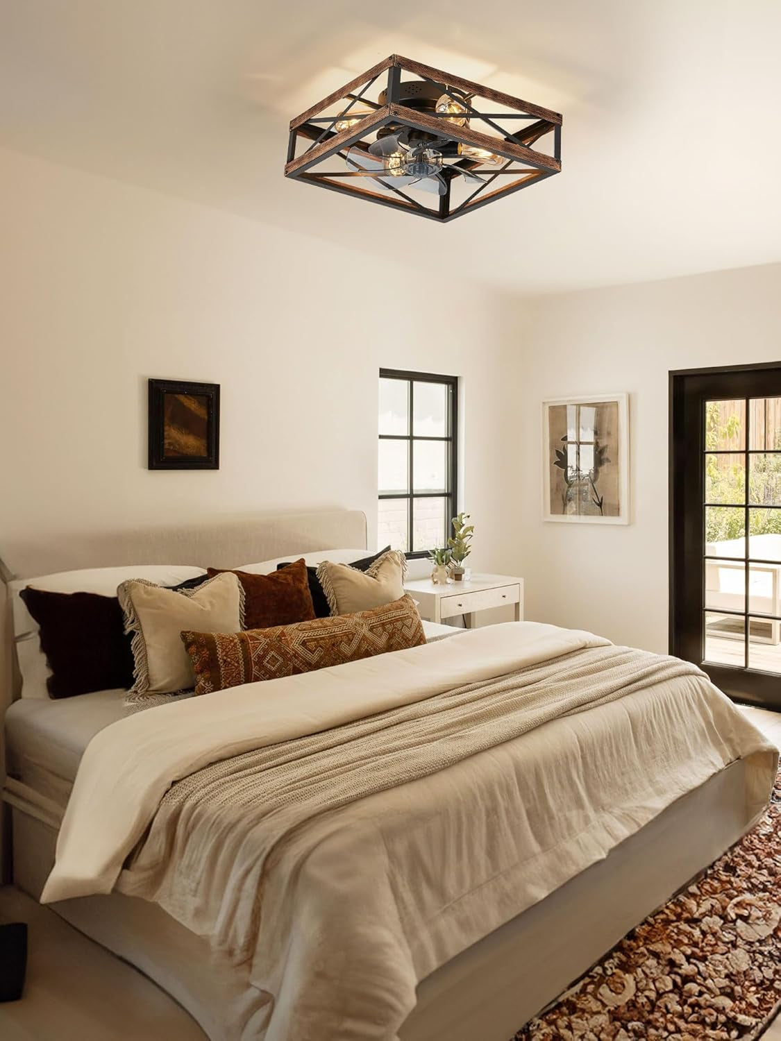 Low Profile Caged Wood Grain Ceiling Fan With Light Remote