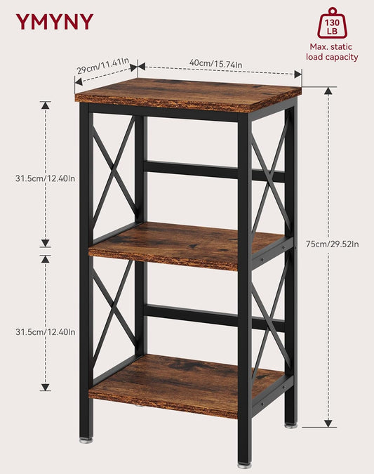 3 Tiers Bookcase, Industrial Metal Bookshelf with Side Fence, Storage