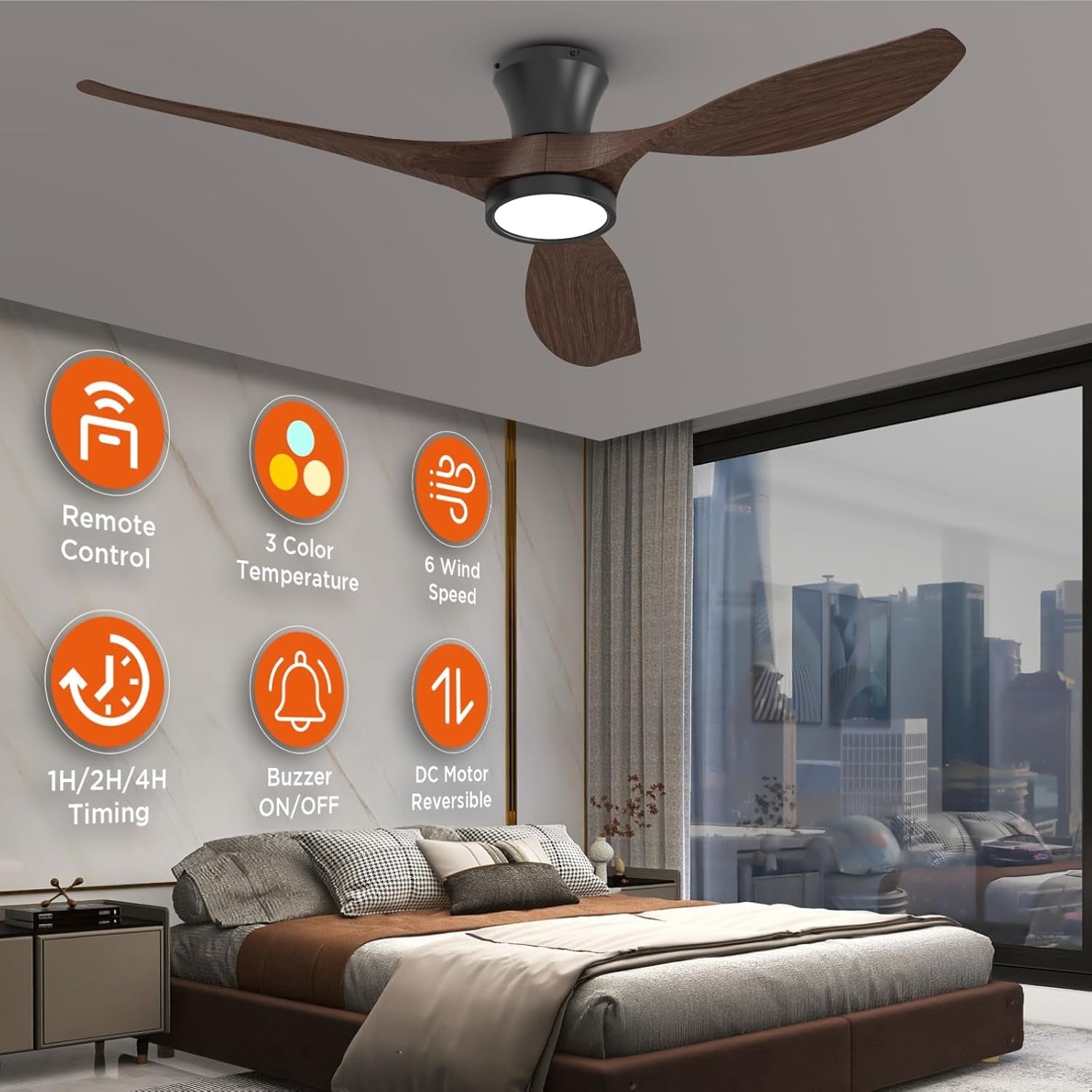 52 Inch Black Walnut Ceiling Fan For Living Room Indoor