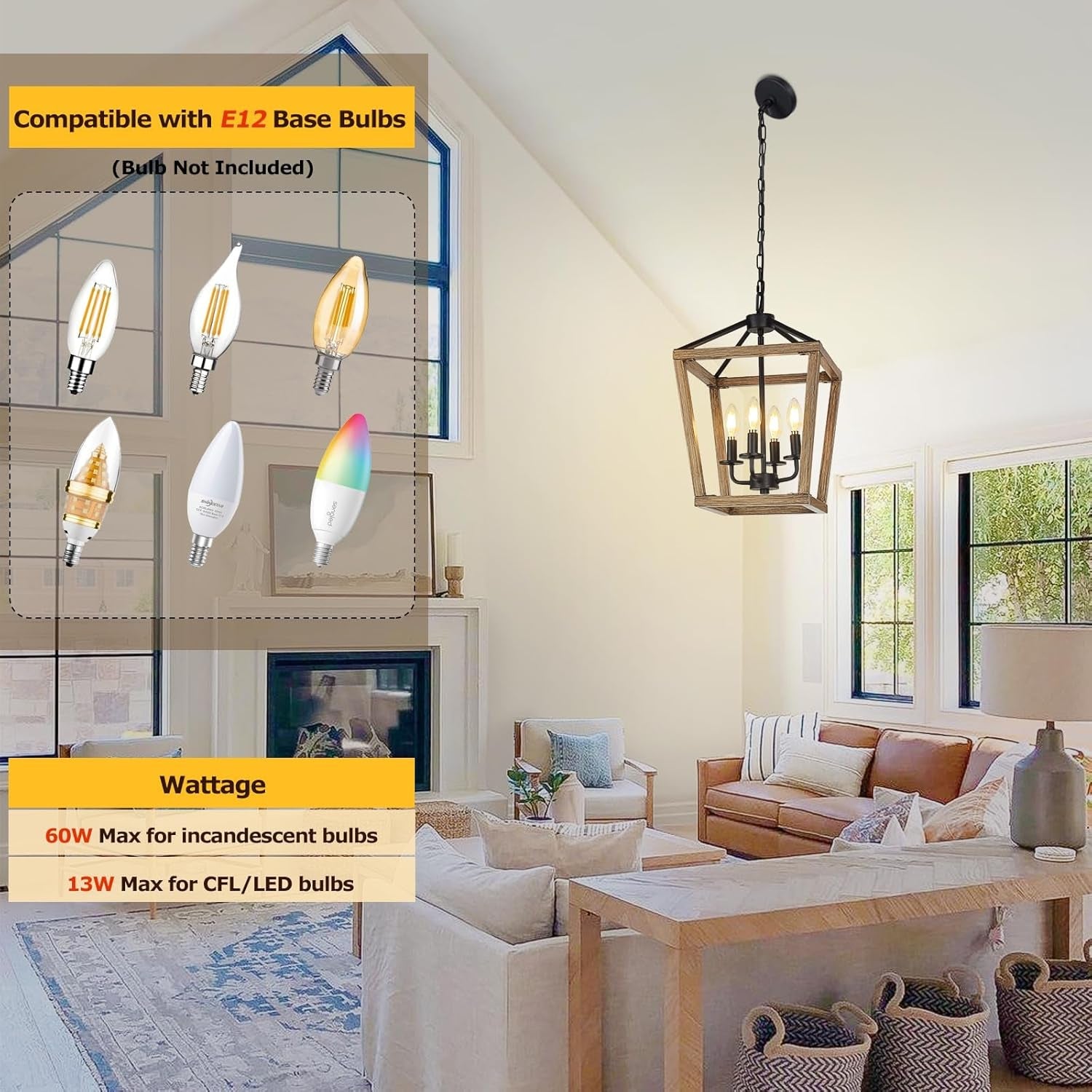 4-Light Farmhouse Chandelier Rustic Wood Cage Light