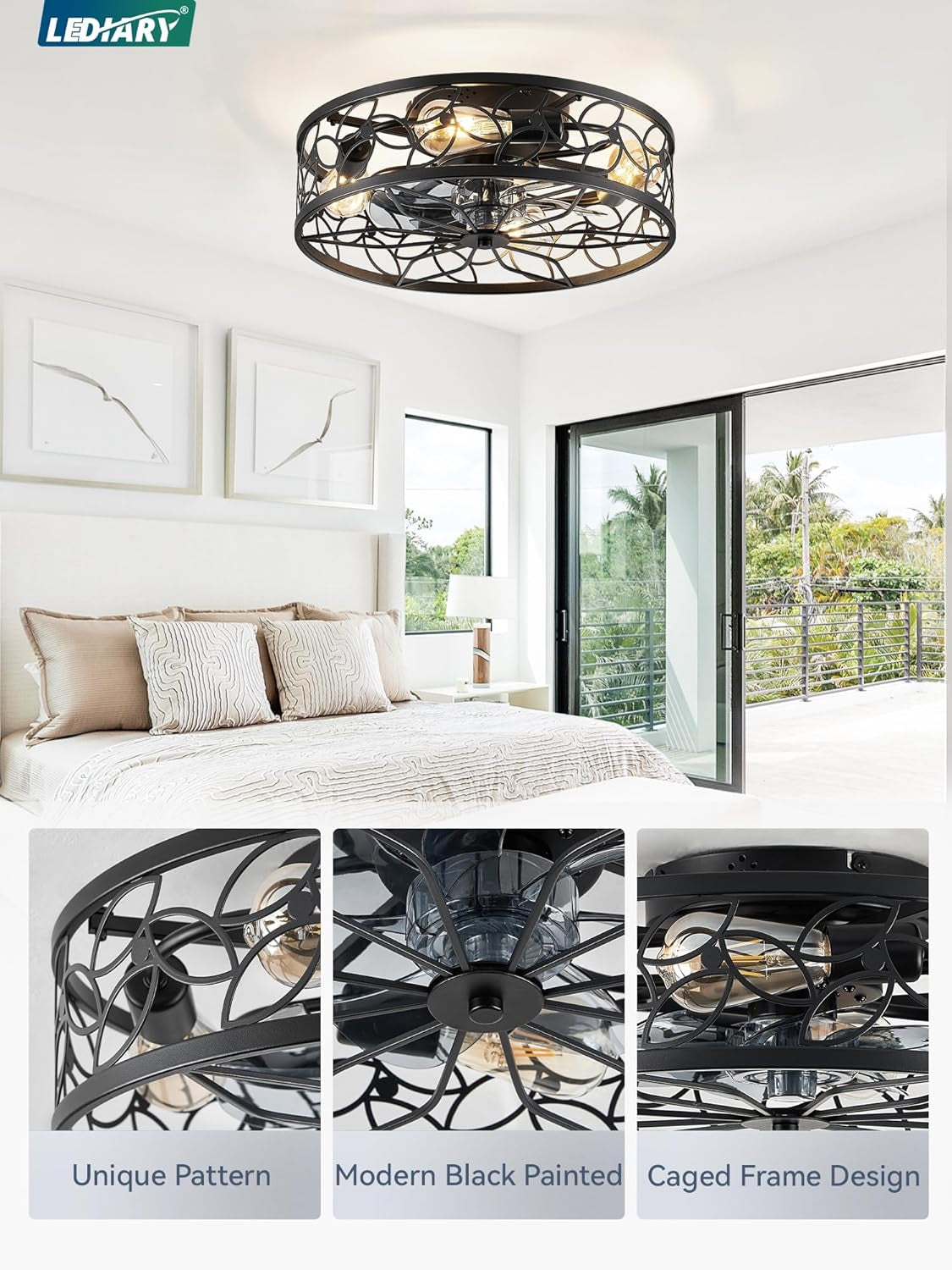 Black Caged Ceiling Fan With Lights Low Profile Flush Mount Remote