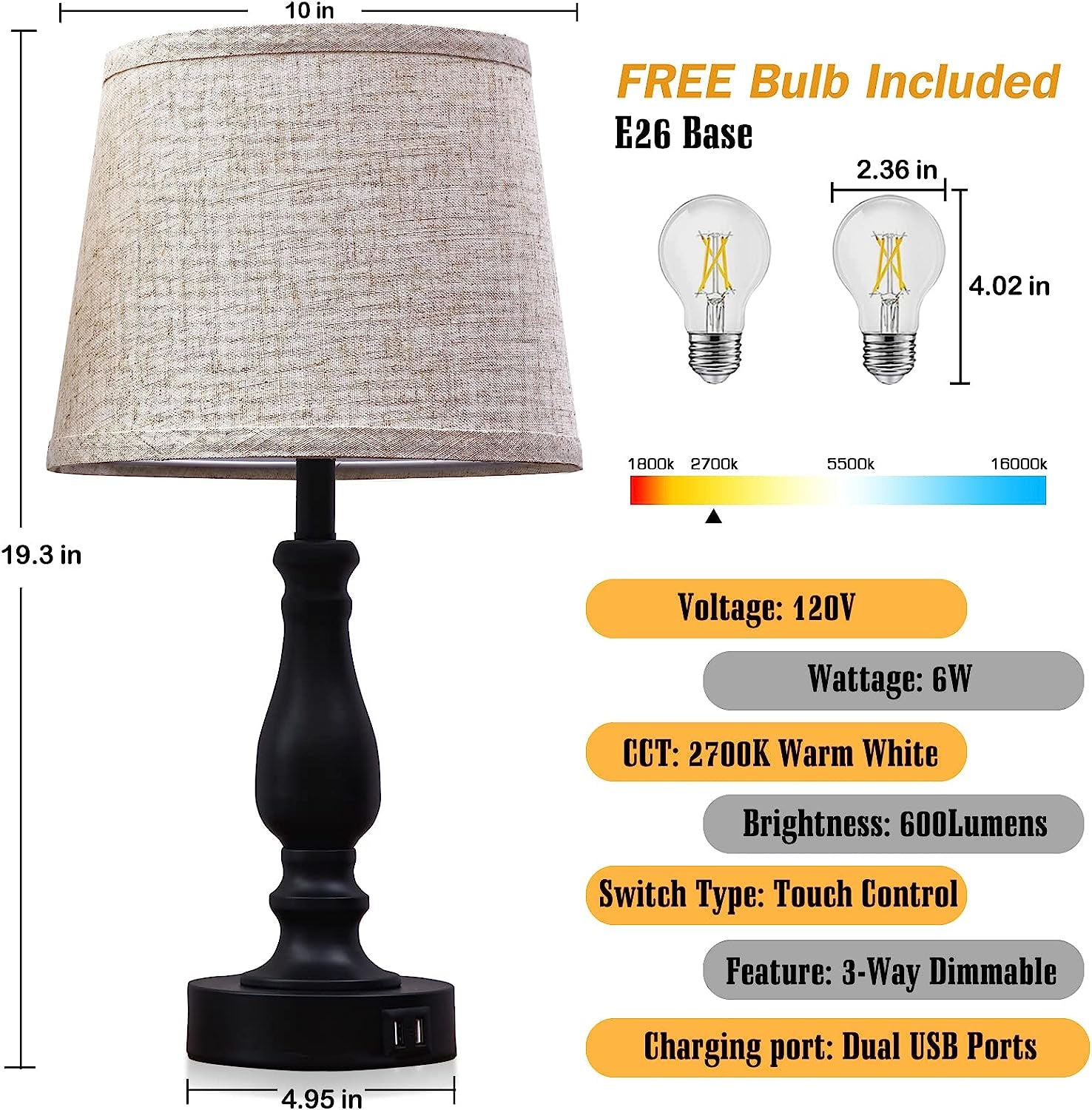 Bedside Table Lamps Set Of 2 With USB Ports And Dimmable