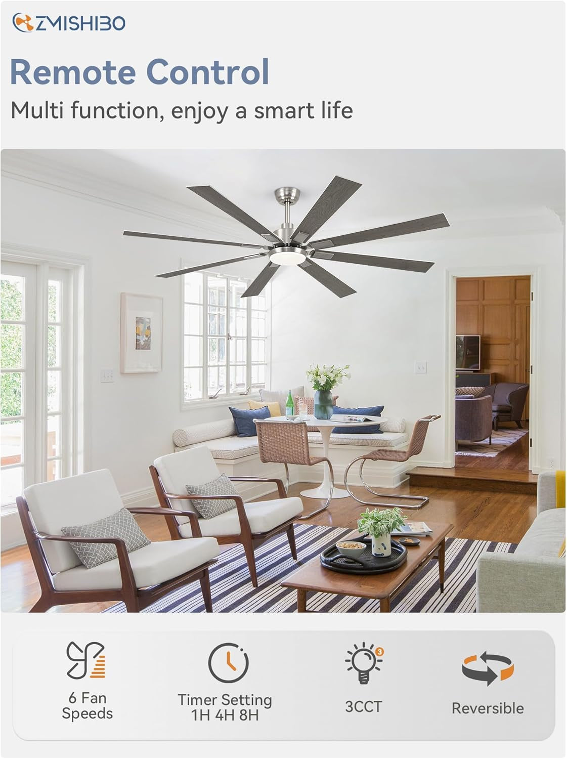 72 Inch Brushed Nickel Ceiling Fan With Light And Remote