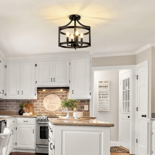 4-Light Farmhouse Chandelier Black Metal Pendant Fixture