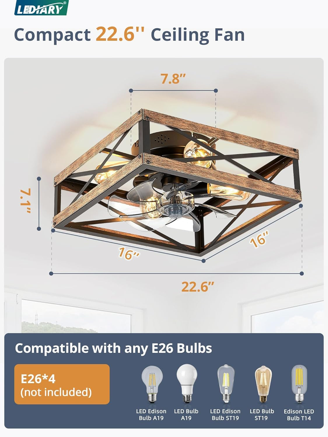 Low Profile Caged Wood Grain Ceiling Fan With Light Remote