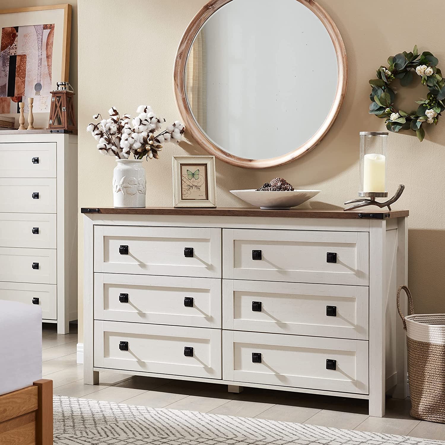 Rustic White 6 Drawer Dresser For Bedroom Storage Organization