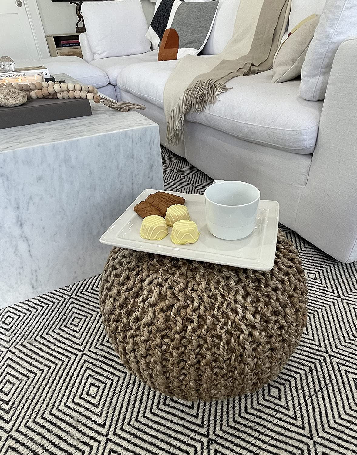 Natural Jute Braided Pouf Ottoman 14 Inch Footrest
