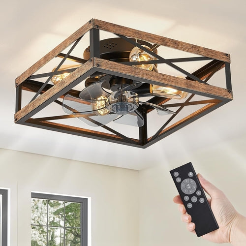 Low Profile Caged Wood Grain Ceiling Fan With Light Remote