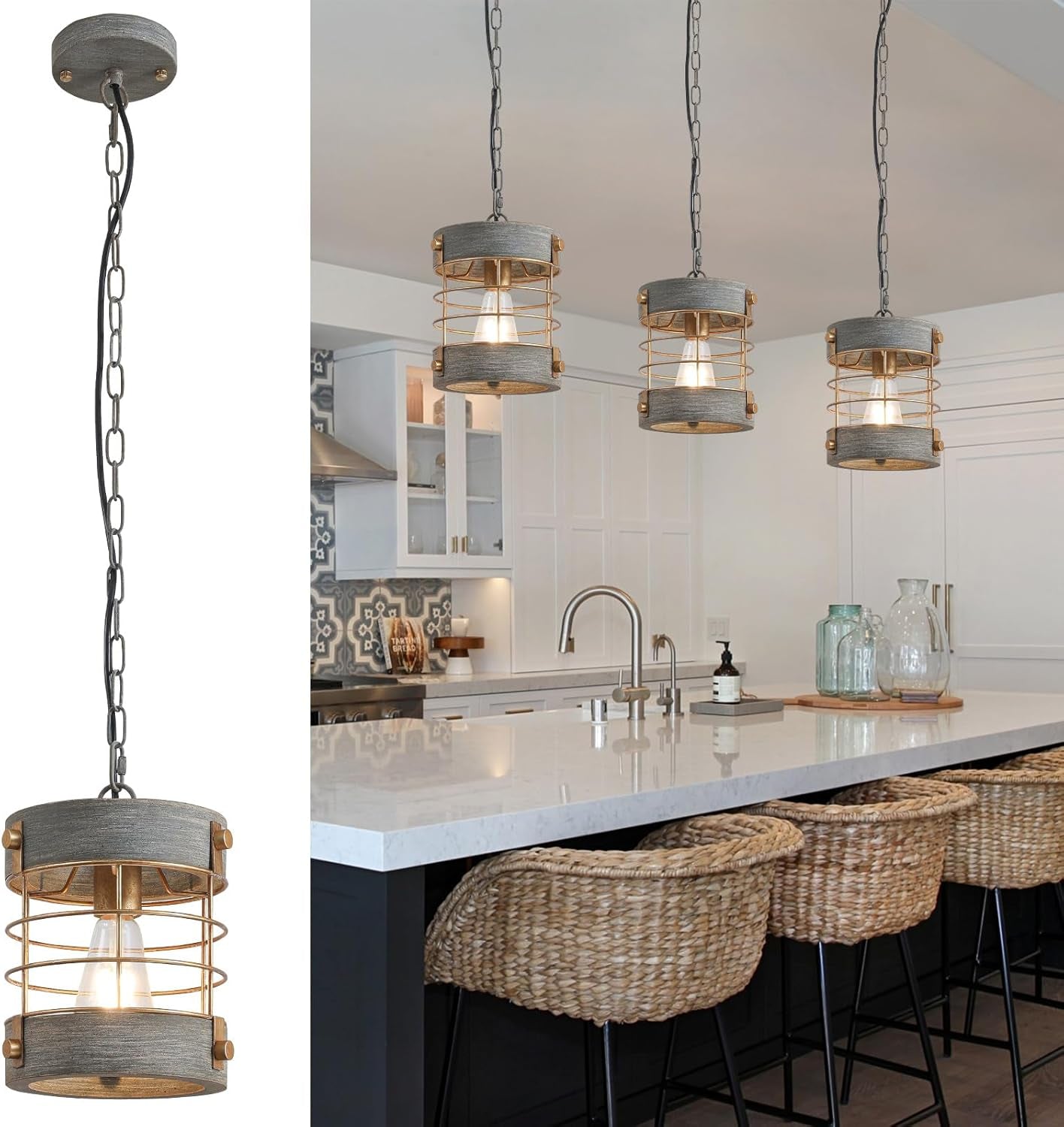 Rustic Farmhouse Pendant Light Adjustable Metal And Wood Blue Gray