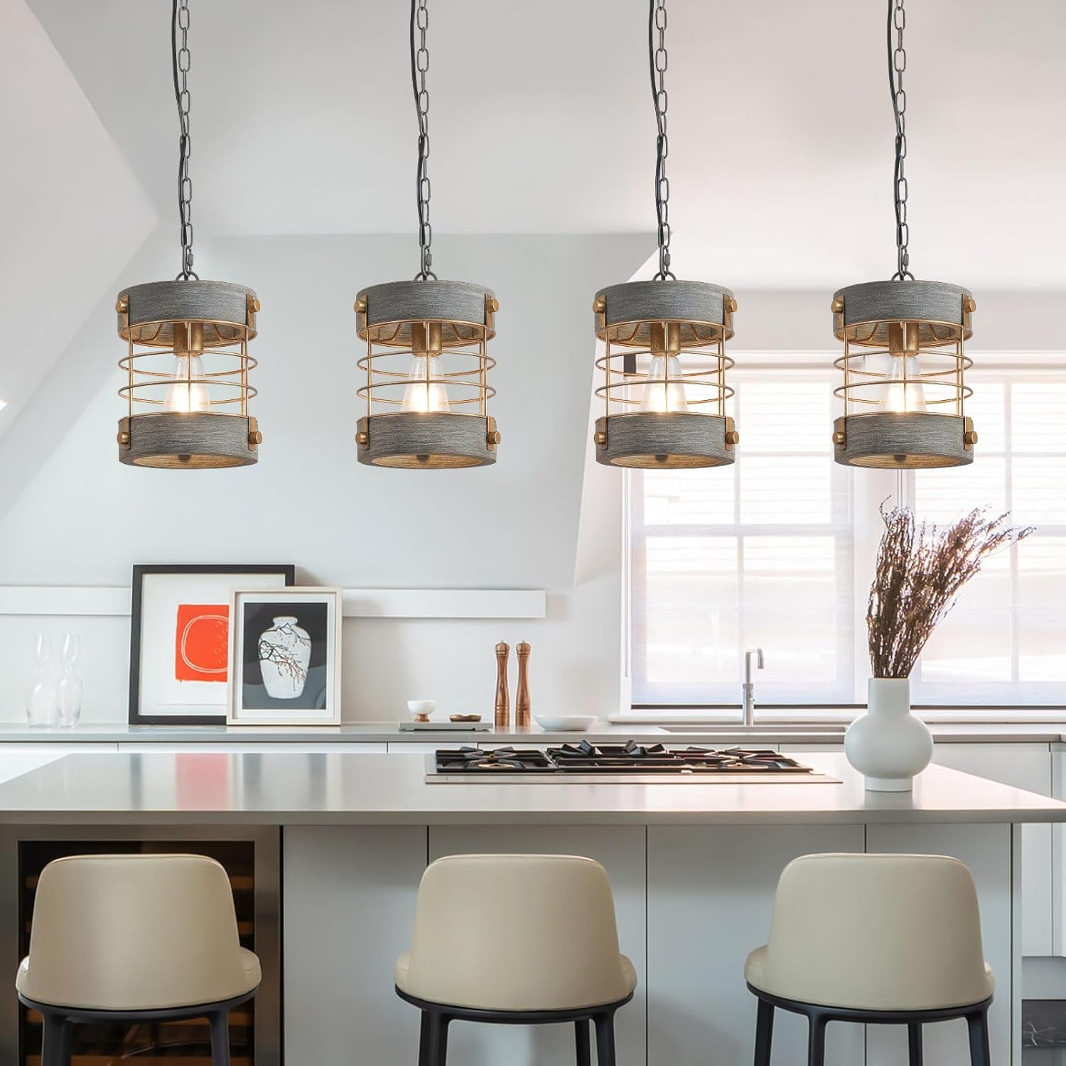 Rustic Farmhouse Pendant Light Adjustable Metal And Wood Blue Gray