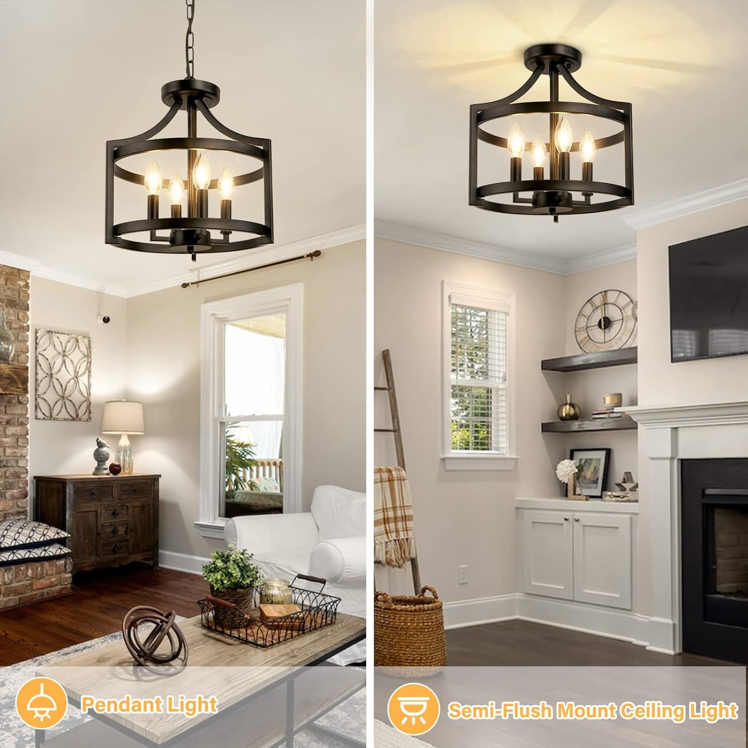 4-Light Farmhouse Chandelier Black Metal Pendant Fixture