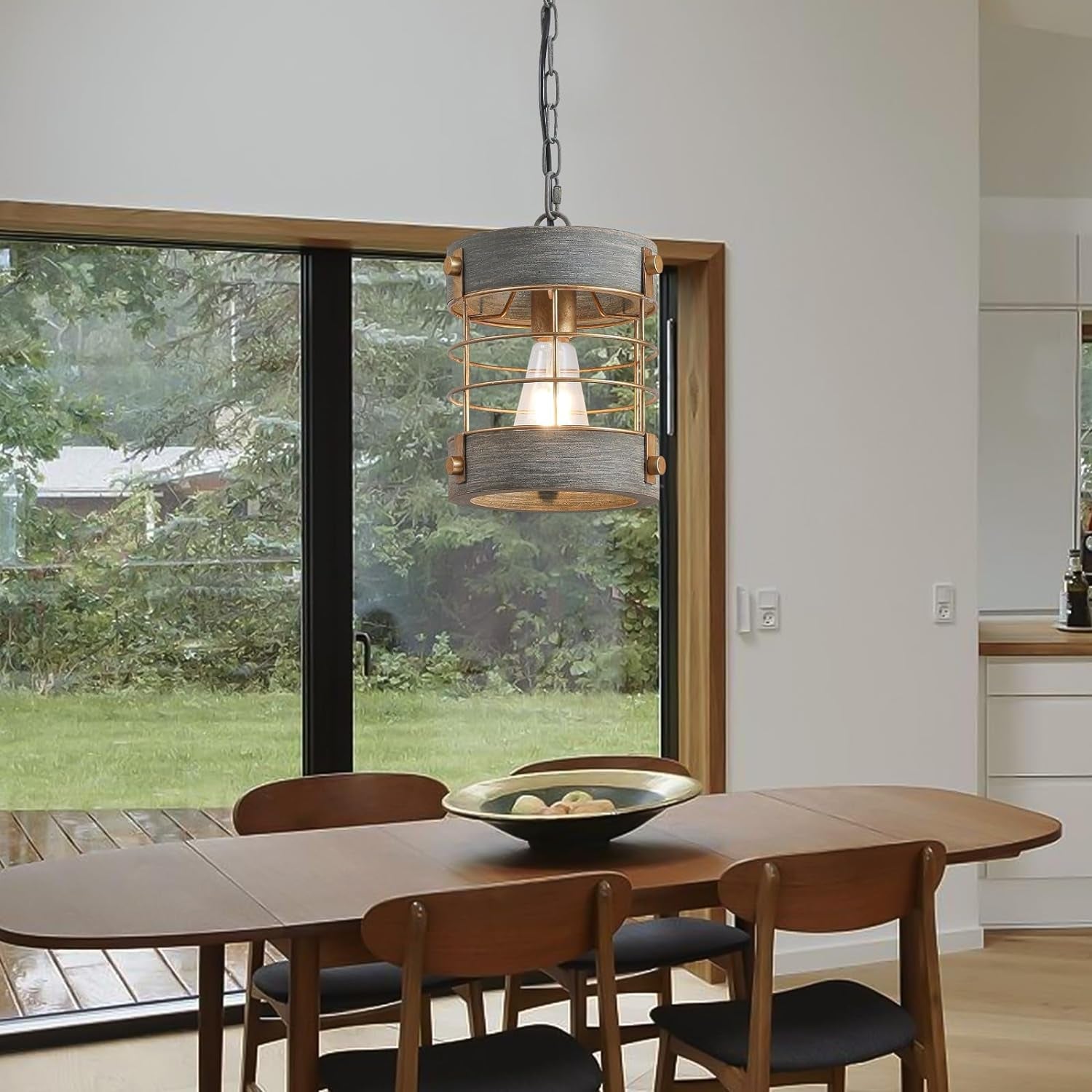 Rustic Farmhouse Pendant Light Adjustable Metal And Wood Blue Gray