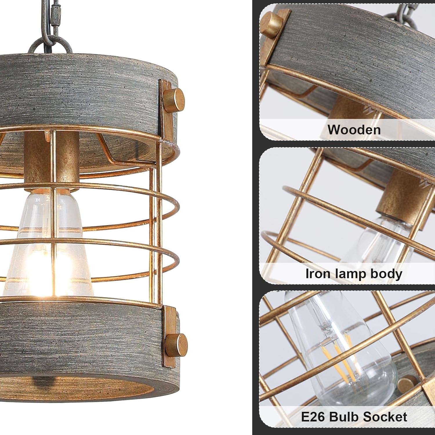 Rustic Farmhouse Pendant Light Adjustable Metal And Wood Blue Gray