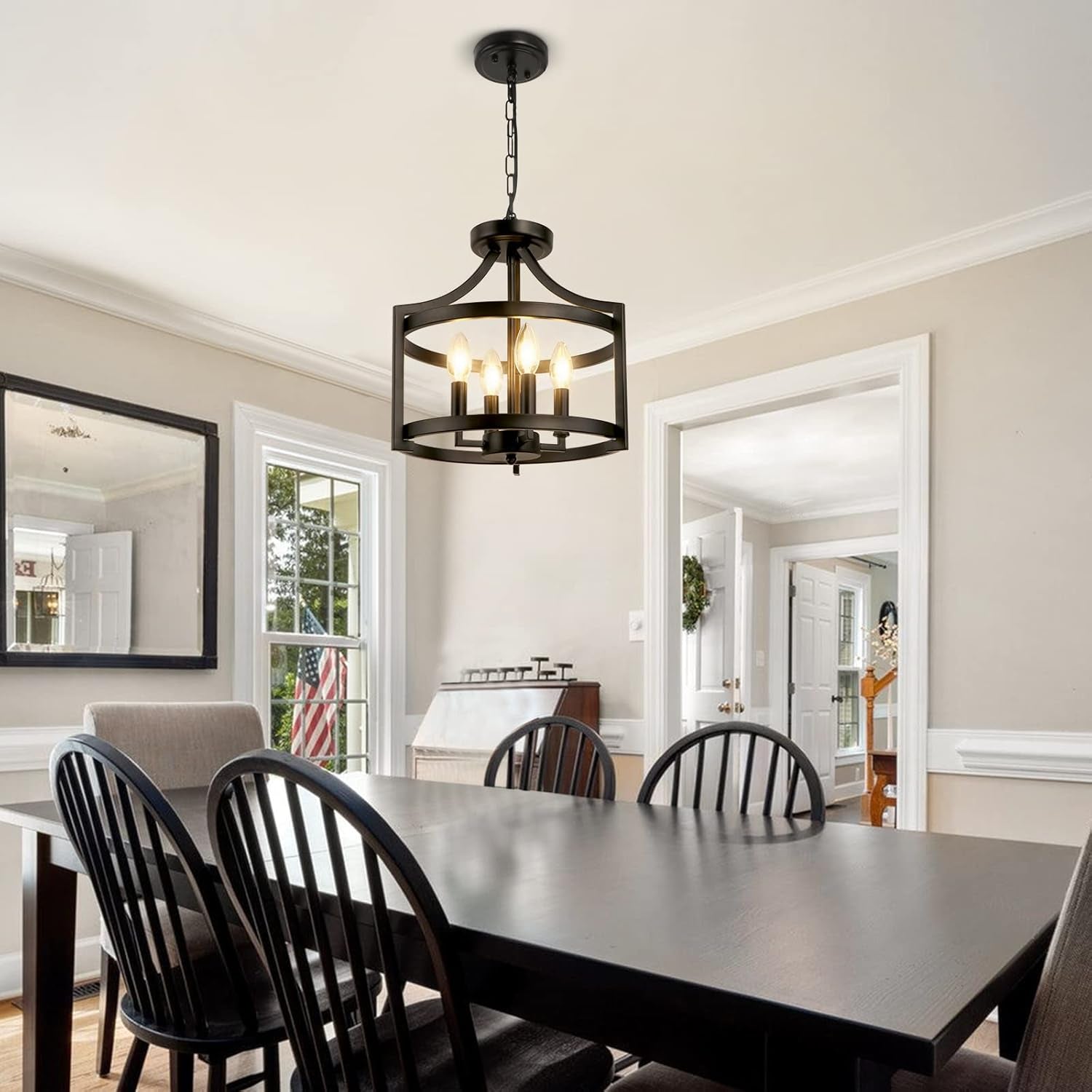 4-Light Farmhouse Chandelier Black Metal Pendant Fixture
