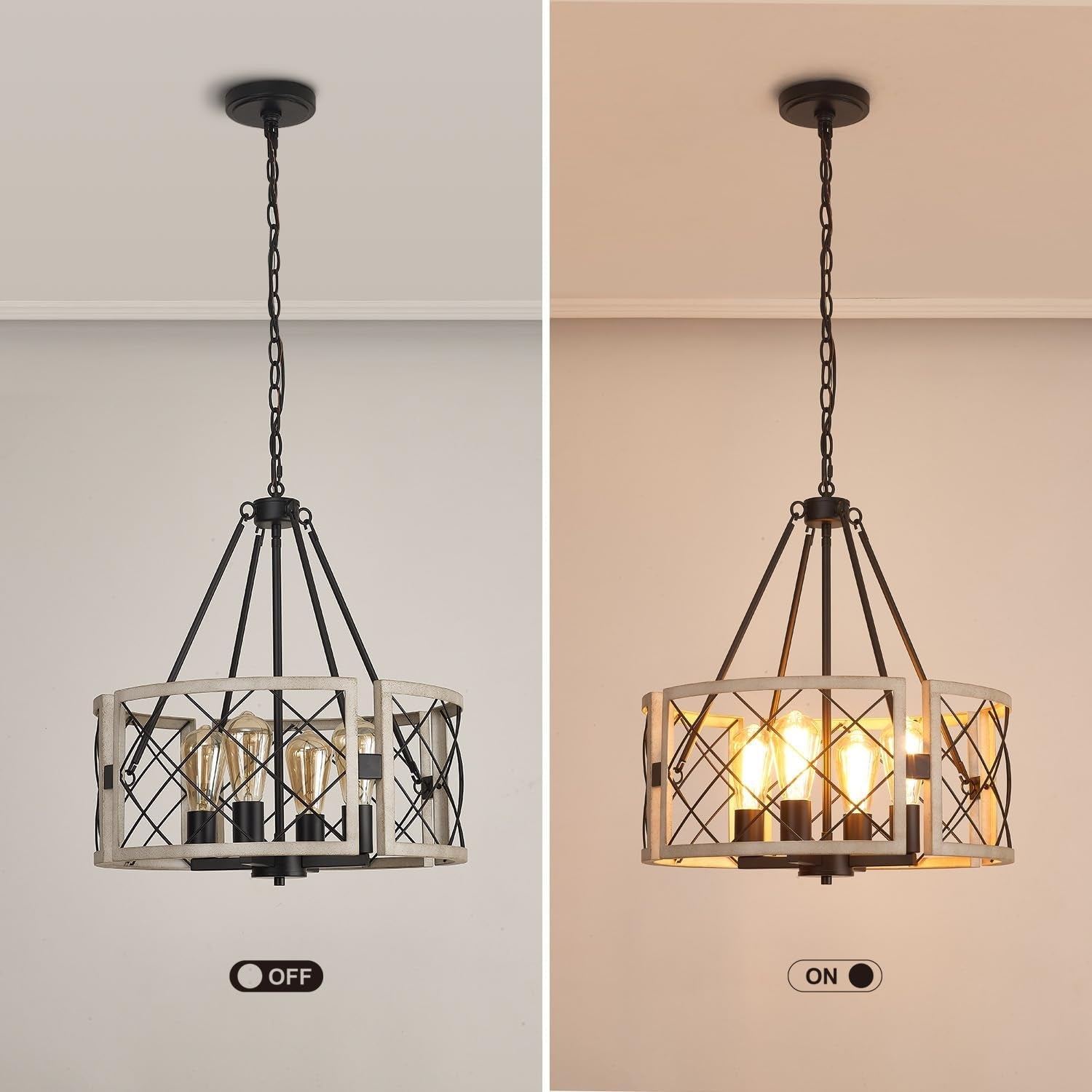 D19 Inch Rustic 4 Light Chandelier Black And White Oak