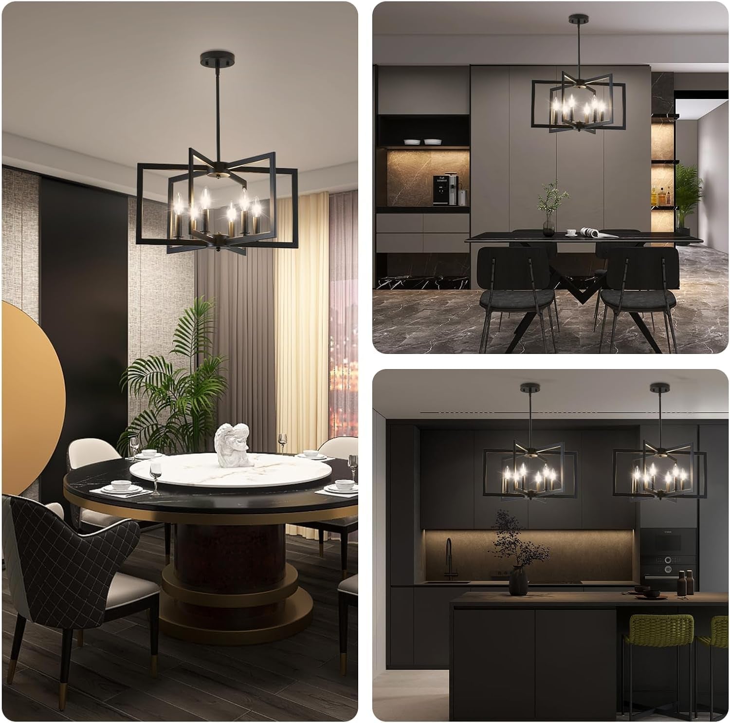 Black Metal Chandelier For Dining Room 6 Light Modern