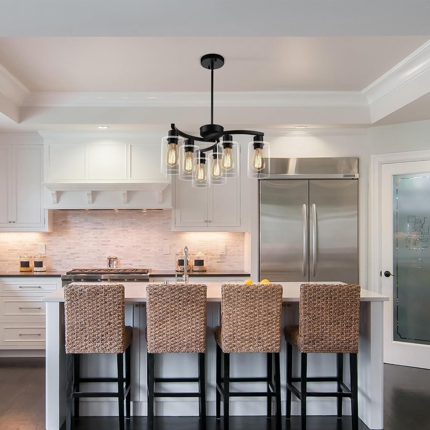 Six Light Black Farmhouse Chandelier With Adjustable Height