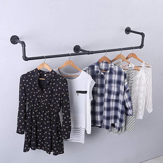 (39in - Black) Industrial Pipe Clothing Rack, Wall Mounted Clothes