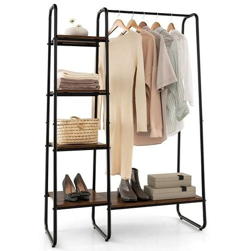 Industrial Wood Metal Garment Rack Clothes Hanging Bar with Storage