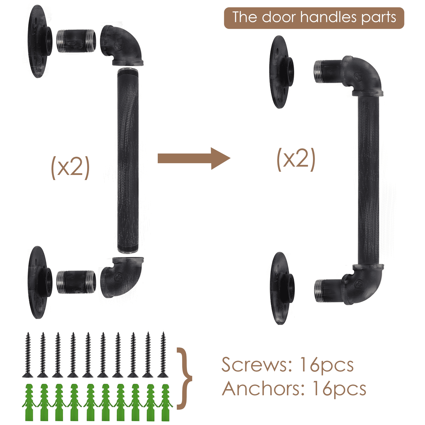 (12in - Black Brush Silver) Industrial Barn Door Handles, 100%