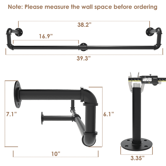 (39in - Black) Industrial Pipe Clothing Rack, Wall Mounted Clothes