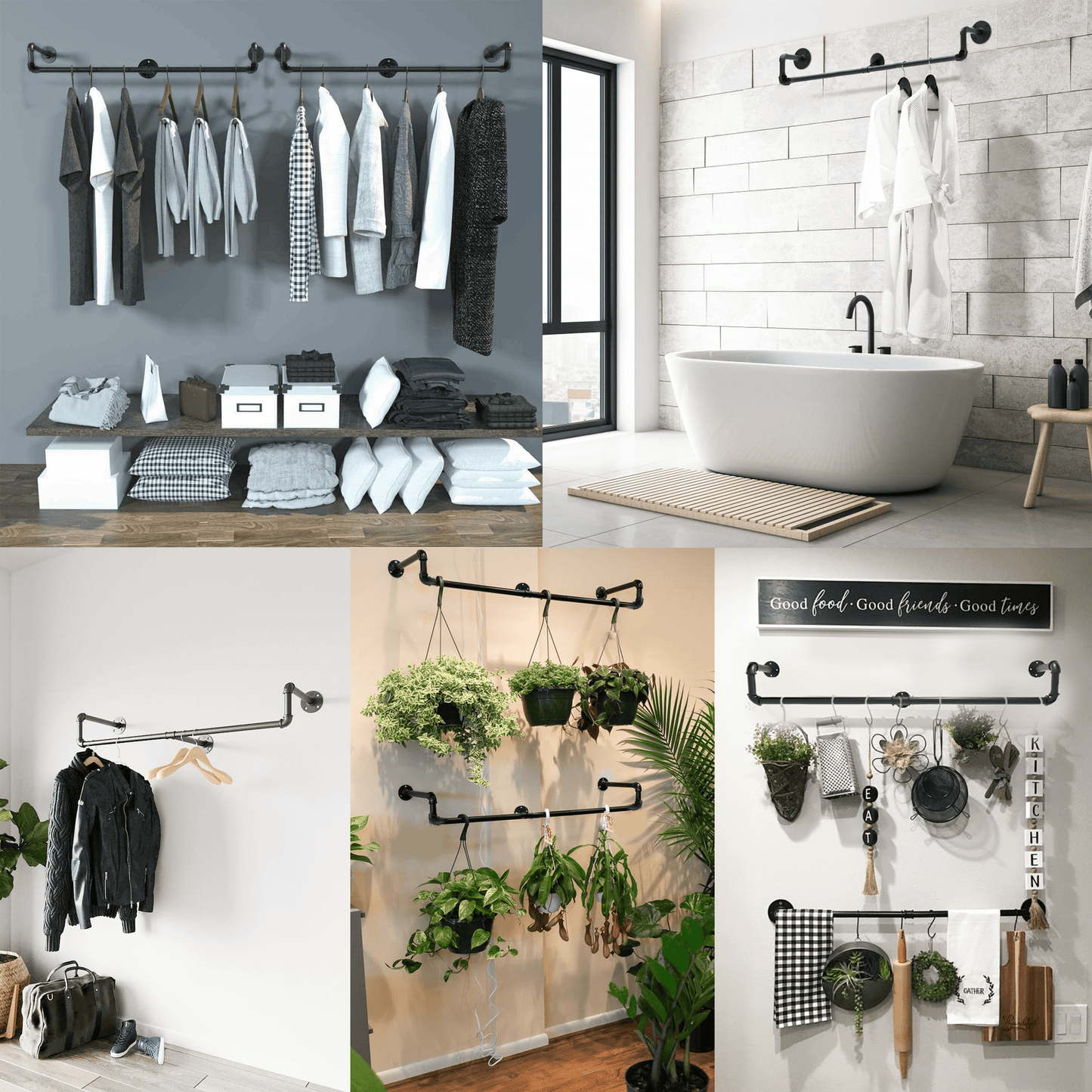 (39in - Black) Industrial Pipe Clothing Rack, Wall Mounted Clothes