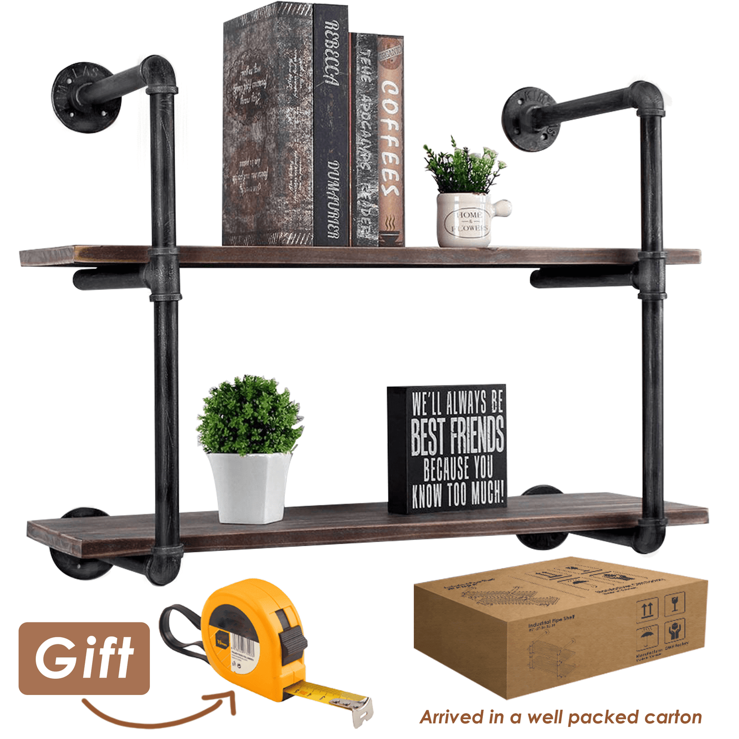 (2 Tier - 30in) Industrial Pipe Shelving, Industrial Floating Shelves