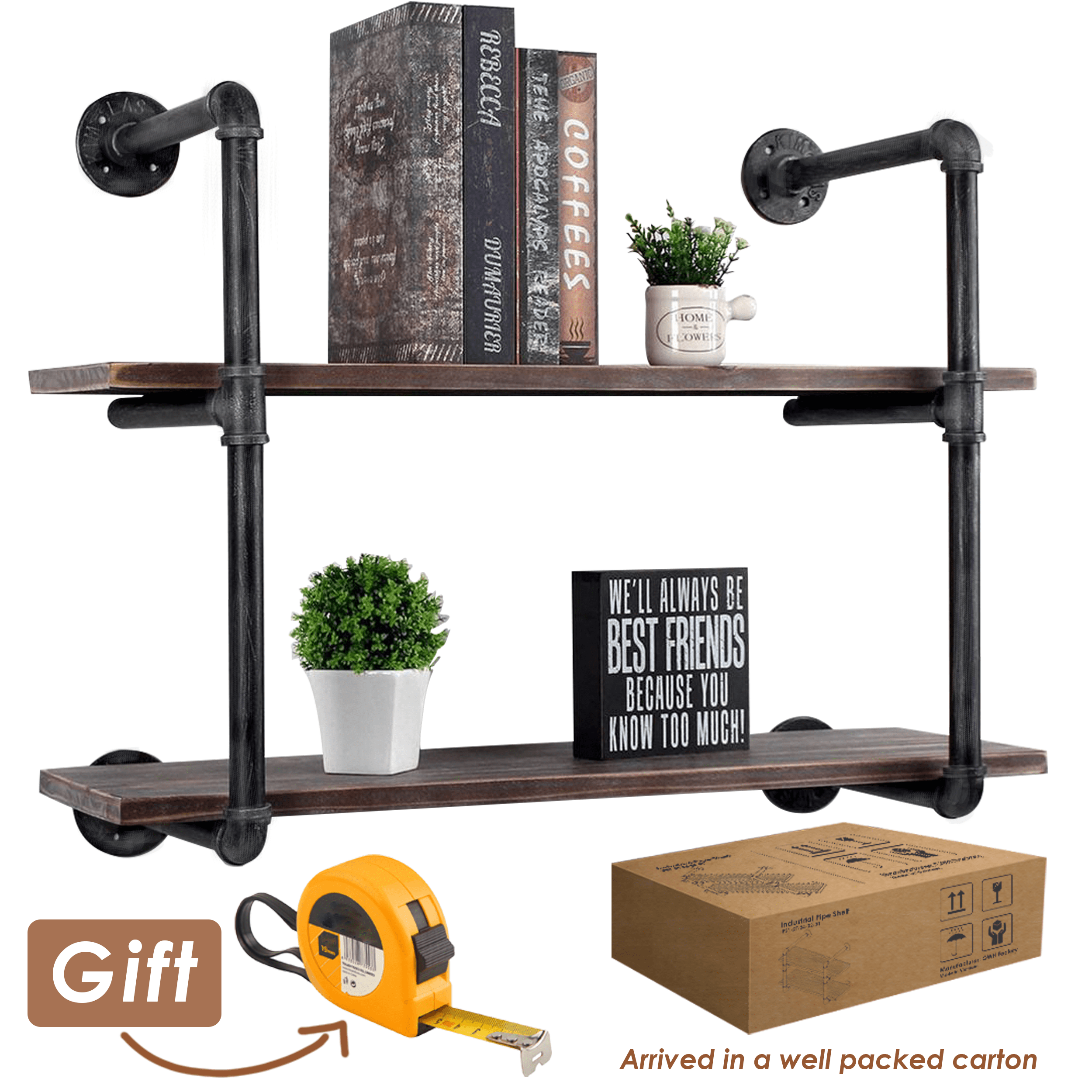 (2 Tier - 30in) Industrial Pipe Shelving, Industrial Floating Shelves
