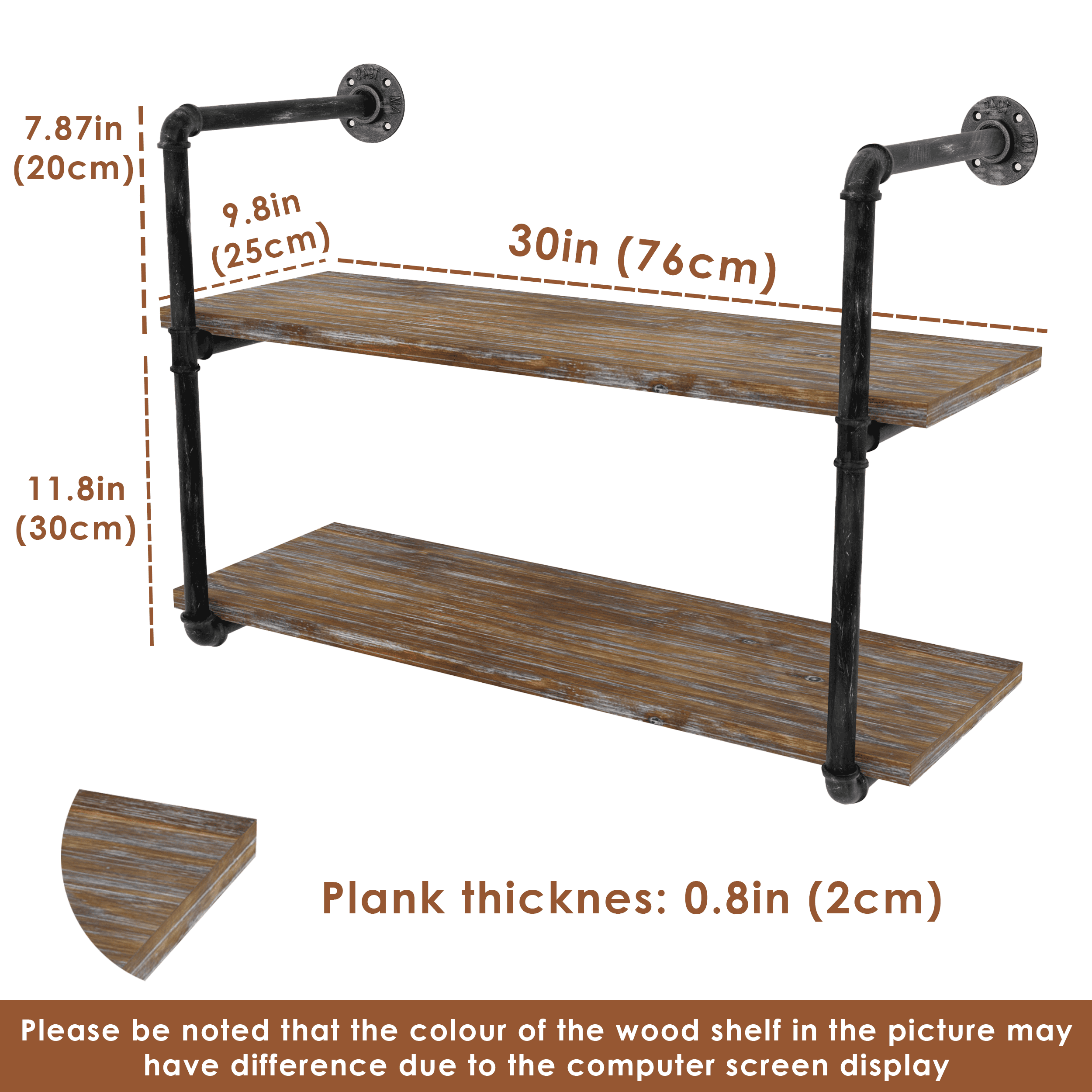 (2 Tier - 30in) Industrial Pipe Shelving, Industrial Floating Shelves