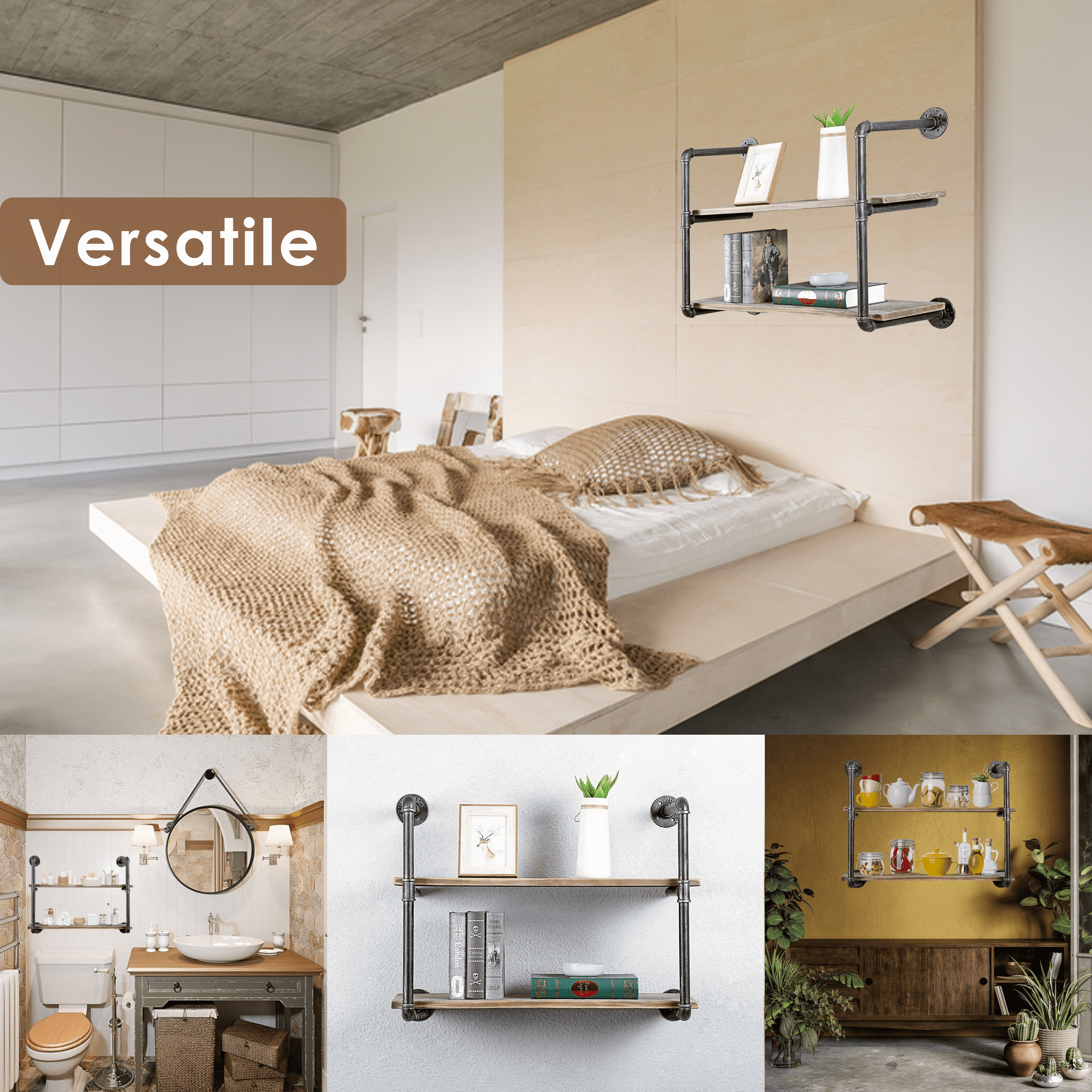 (2 Tier - 30in) Industrial Pipe Shelving, Industrial Floating Shelves