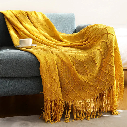 Khaki Gift Knitted Blanket with Tassels Chunky Vintage Luxury