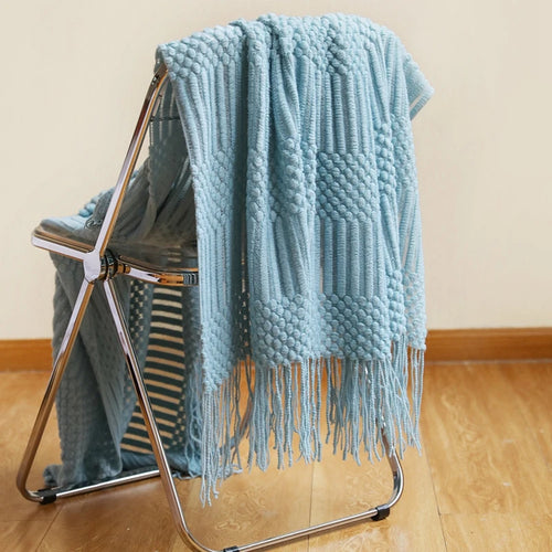 Khaki Gift Knitted Blanket with Tassels Chunky Vintage Luxury