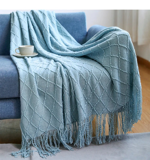 Khaki Gift Knitted Blanket with Tassels Chunky Vintage Luxury