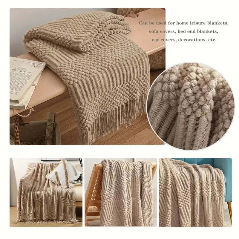 Khaki Gift Knitted Blanket with Tassels Chunky Vintage Luxury