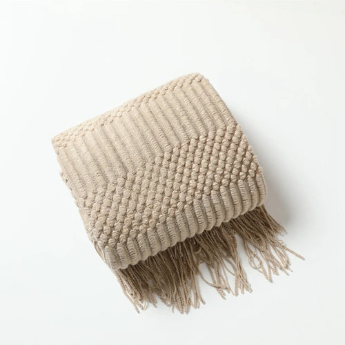 Khaki Gift Knitted Blanket with Tassels Chunky Vintage Luxury